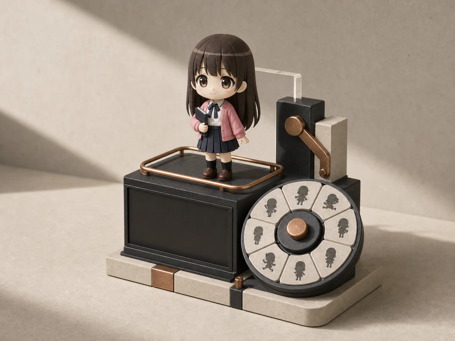 Handcrafted Megumi chibi desktop pet beside a mechanical animation-state dial