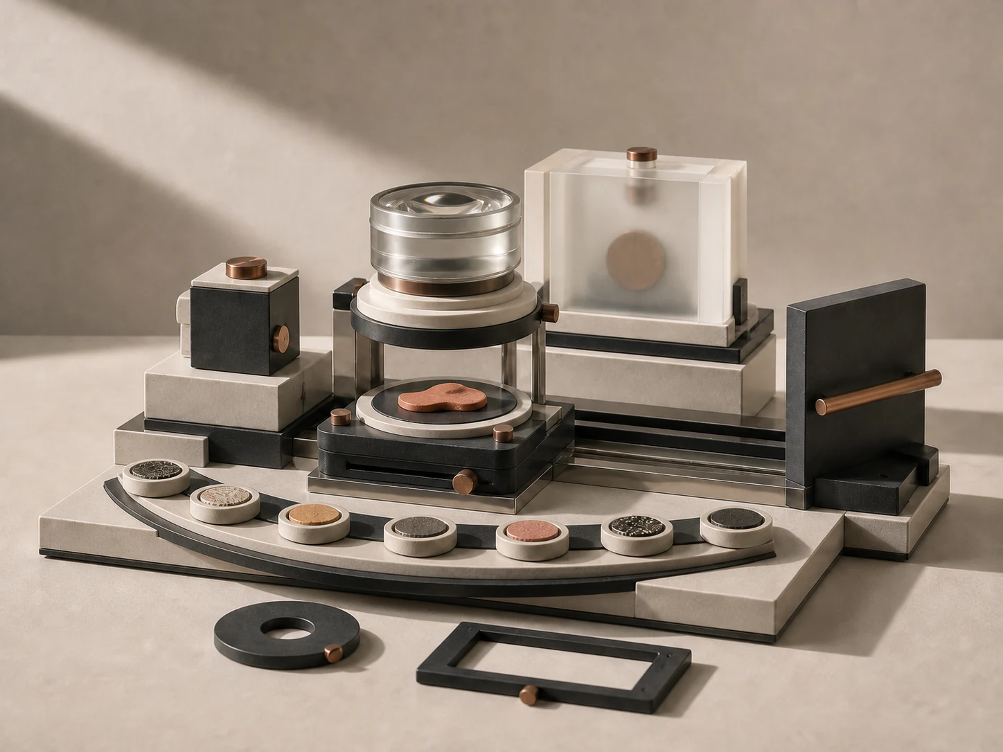 Seven specimen tokens arranged around an explainable optical inspection and deployment gate