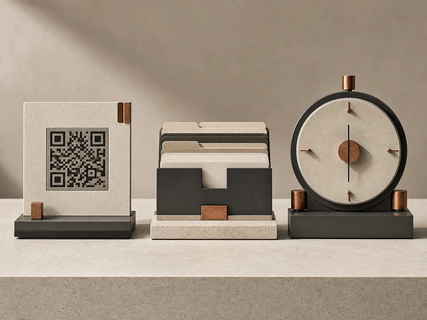 Three sculptural modules representing QR generation, knowledge retrieval, and task scheduling